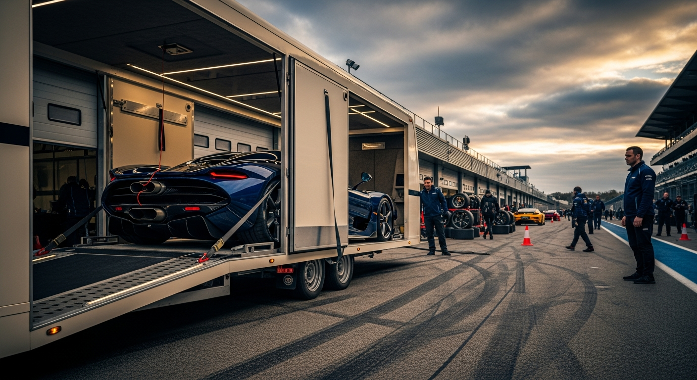 A car being prepared and loaded at the paddock
