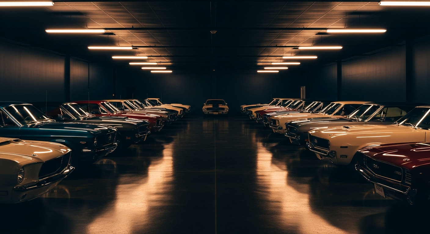 Muscle cars stored inside the climate-controlled vault
